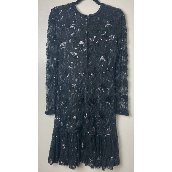 VINTAGE JUDITH ANN DRESS M BLACK SEQUIN BEADED TIERED RUFFLE SHEER MESH LACE - Picture 2 of 12
